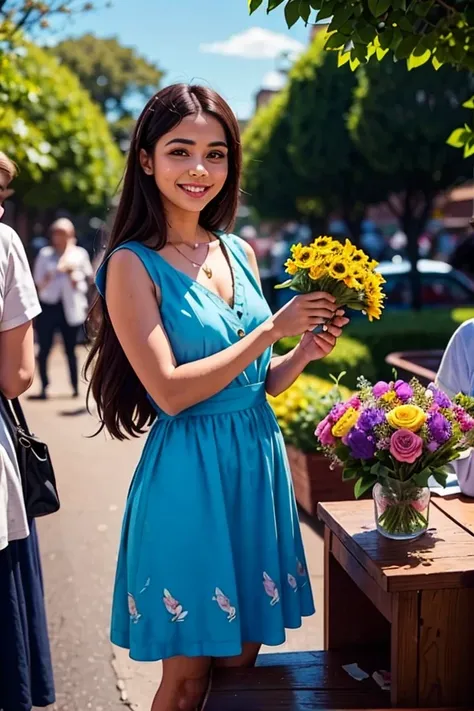 A Disney princess buying flowers at the local market, dressed in a regal dress among colorful stalls, with paper bags and a kind smile.