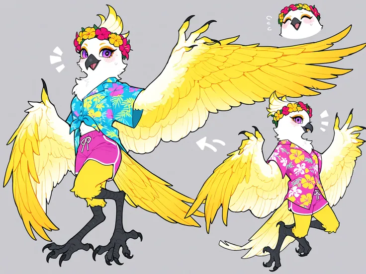 (xxx667_illu,birdgirl,tail, feathers, claws, furry female, body feathers, bird tail, snout, beak, bird girl, bird legs, feather hair,wings, feathered wings,) The girl is a hybrid of a parrot, a harpy furry. She has yellow feathers all over her body. She ha...