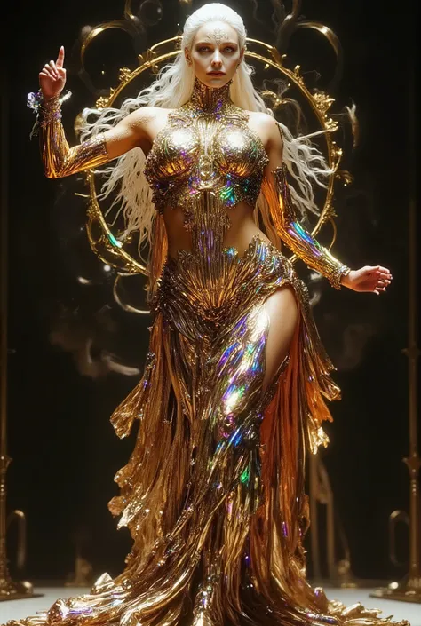 Whole body, solo, outstanding woman, futuristic female dancer in a (intricate futuristic belly dance clothing, Revealing clothing), ((sweaty, dancing, dynamic pose, perfect body dancer costume, perfect anatomy, anatomically correct, )), beautiful thin whi...