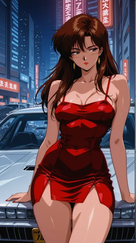 obra-prima，best image quality， Stunning image quality，1 garota,  only,, long brown hair, Split red dress, car, carro motorizado, Seductive and seductive look from the 90s _desenho animado_aesthetics, 19Seductive and seductive look from the 90s  (estilo), r...