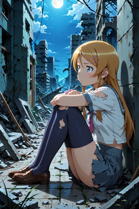  masterpiece, best quality, amazing quality, very aesthetic, absurdres, (anime screen shot:0.95) from side, 1girl, kousaka kirino, torn school uniform, zettai ryoiki, sitting knees up, confused face, ruins, moonlight,