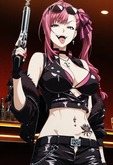 masterpiece, best quality, amazing quality,1girl, solo, BREAK
,pink hair, long hair,side ponytail,hair ribbon,purple eyes,, 
nail polish, ear piercing, long hair, , lipstick,Hot girl, baddie, smoking, sensual, attractive cross necklace, choker , jewelry, e...