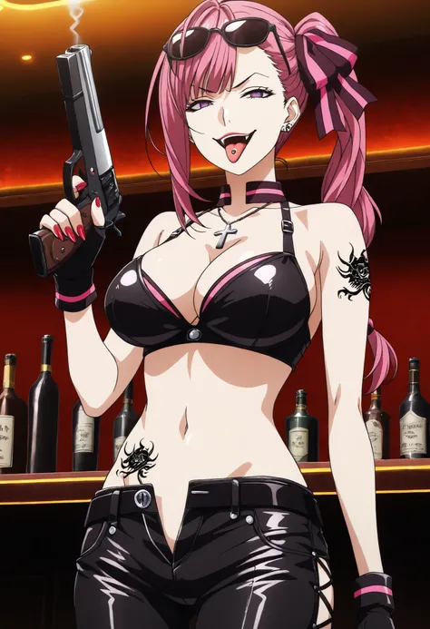 masterpiece, best quality, amazing quality,1girl, solo, BREAK
,pink hair, long hair,side ponytail,hair ribbon,purple eyes,, 
nail polish, ear piercing, long hair, , lipstick,Hot girl, baddie, smoking, sensual, attractive cross necklace, choker , jewelry, e...