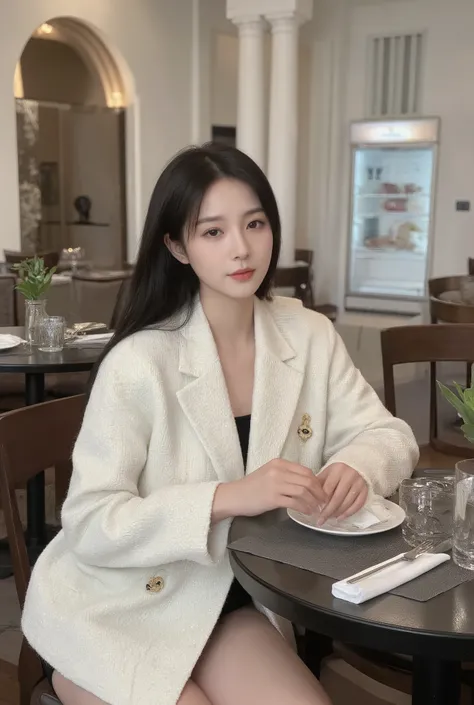 A stylish young woman sitting elegantly in a luxurious modern restaurant with high white arches and tall pillars. She has long straight black hair flowing naturally, looking down with a calm and graceful expression. ((She wears a chic ivory white tweed jac...