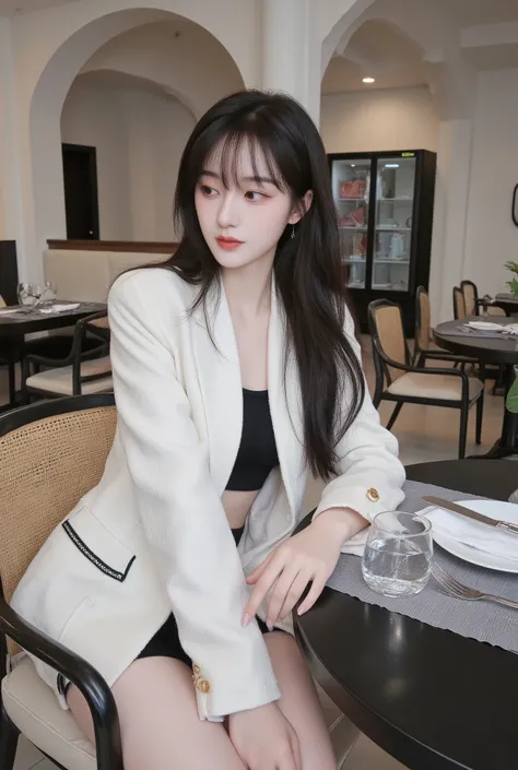 A stylish young woman sitting elegantly in a luxurious modern restaurant with high white arches and tall pillars. She has long straight black hair flowing naturally, looking down with a calm and graceful expression. ((She wears a chic ivory white tweed jac...
