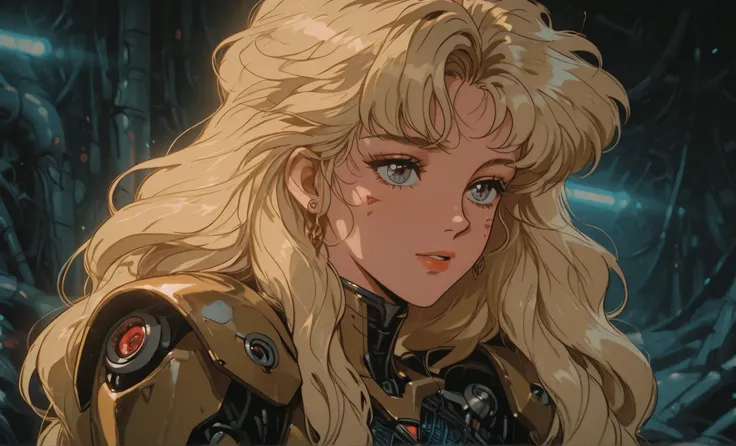  The image is a detailed digital illustration , vibrante, alto contraste, semi-realistic art style with retro futuristic elements inspired by the anime of the 90s. featuring a young woman with blond hair and a serene expression. Ela tem muito tempo, volumo...