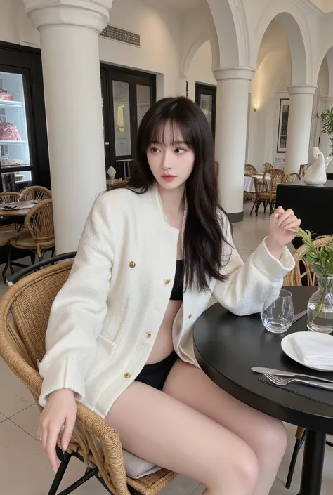 A stylish young woman sitting elegantly in a luxurious modern restaurant with high white arches and tall pillars. She has long straight black hair flowing naturally, looking down with a calm and graceful expression. ((She wears a chic ivory white tweed jac...