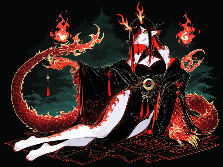 (xxx667_illu,dragon_hybrid,) Girl is golden-red dragon Lúng ,she is hybrid of Eastern dragon. She has a sporty feminine bodybuilding. Her face has asian features. She has green jade narrow eyes. She has a pale skin covered with golden-red scales. Her scaly...