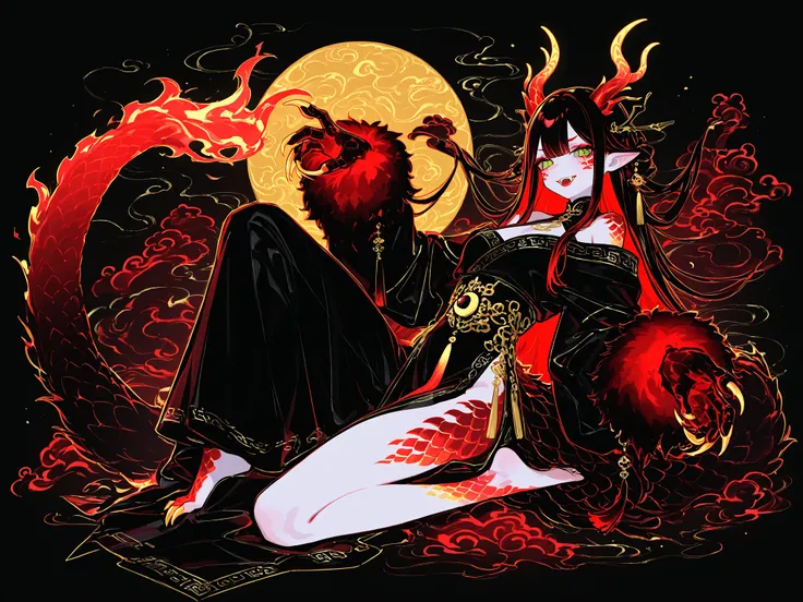 (xxx667_illu,dragon_hybrid,) Girl is golden-red dragon Lúng ,she is hybrid of Eastern dragon. She has a sporty feminine bodybuilding. Her face has asian features. She has green jade narrow eyes. She has a pale skin covered with golden-red scales. Her scaly...