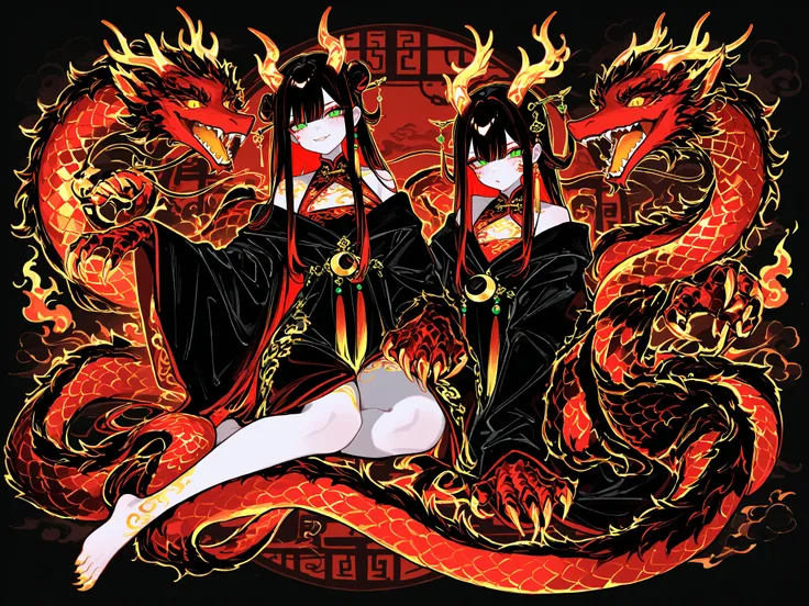 (xxx667_illu,dragon_hybrid,) Girl is golden-red dragon Lúng ,she is hybrid of Eastern dragon. She has a sporty feminine bodybuilding. Her face has asian features. She has green jade narrow eyes. She has a pale skin covered with golden-red scales. Her scaly...