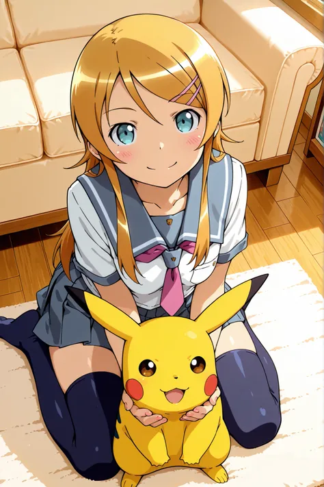  masterpiece, best quality, amazing quality, very aesthetic, absurdres, (anime screen shot:0.95) from above, 1girl, kousaka kirino, school uniform, zettai ryoiki, wariza, happy smile confidentm face, leaning forward, holding pikachu in with hands, living r...