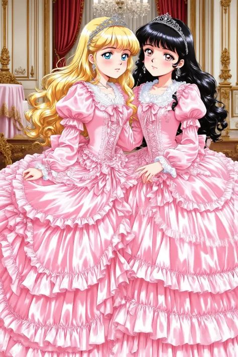 masterpiece, very beautiful, (Anime Coloring, Anime Screenshot), OFFICIAL ART, Illustration, 1990's Anime Style,
1girl, masterpiece, Highest Quality, absurd, OFFICIAL ART, Official Style, Cute Princess, she's smiling,((pink silk satin victorian style large...