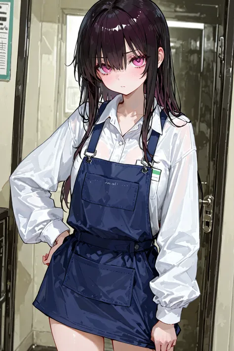 work clothes。Workwear。The top is off。Tall。solo。dark haired。pink eye。 work clothes。Jumper。