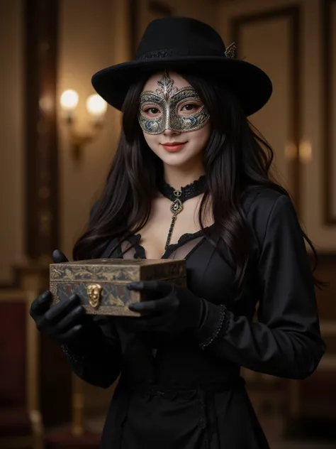 Masked ball,Huge Breast,Silk hat and black cloak、A beautiful woman in a black suit, black leather gloves、A beautiful woman with flowing black hair and a silver mask is standing and smiling、holding a jewelry box in a luxurious Western-style room。4K Masterpi...