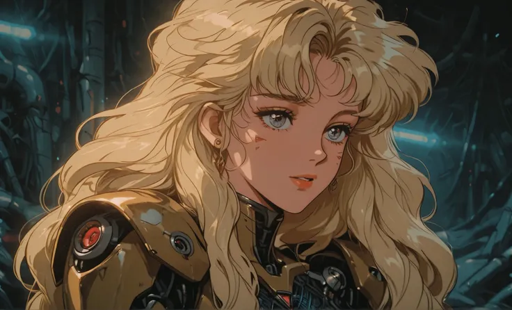  The image is a detailed digital illustration , vibrante, alto contraste, semi-realistic art style with retro futuristic elements inspired by the anime of the 90s. featuring a young woman with blond hair and a serene expression. Ela tem muito tempo, volumo...