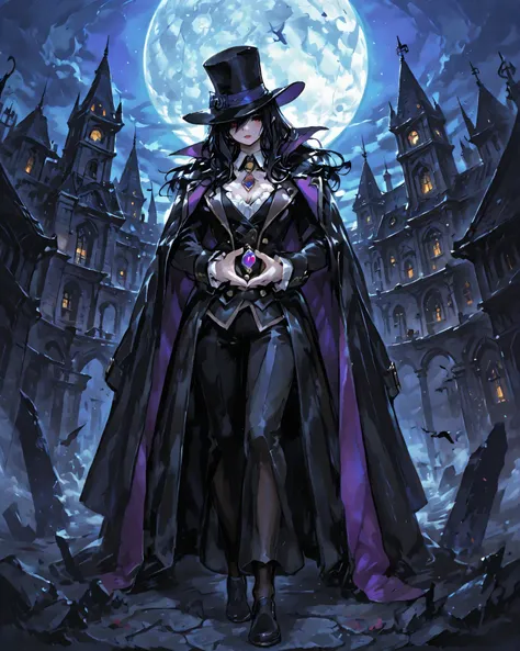 High Quality、Despicable Me、Glamorous Night
The Phantom Thief Who Holds a Jewel to the Moon、Perfect standing figure 、graceful hands、Jet Black Silk Hat、Chest Jewel、Flipping Cloak Lining、Gothic Spire、Moonlight performance、phantom show、dramatic scene