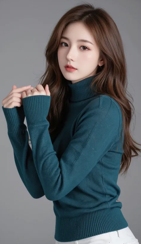 Girl wearing, luxury  teal  turtle neck sweater , sleeve , long wavy thick hair, glowing skin, red lips, suitable background, grey background with good lighting , cute poses , upper body, brown hair, cute hand poses.nose blush. Seductively forward bend, fo...