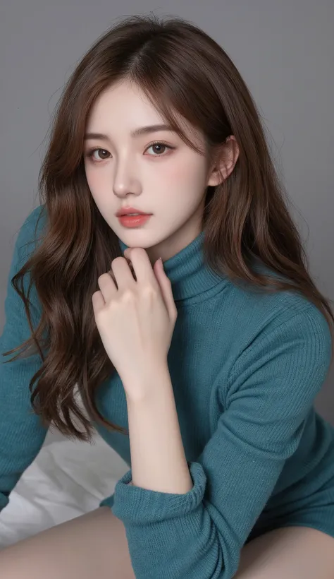 Girl wearing, luxury  teal  turtle neck sweater , sleeve , long wavy thick hair, glowing skin, red lips, suitable background, grey background with good lighting , cute poses , upper body, brown hair, cute hand poses.nose blush. Seductively forward bend, fo...