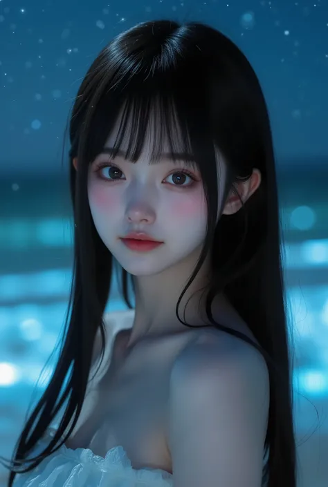 Photo realistic, hyper realistic, ultra detailed, best quality, high resolution. A breathtaking portrait of a stunning young Korean-Chinese woman with porcelain glowing pale skin and long silky straight jet-black hair with thick bangs, cascading smoothly d...