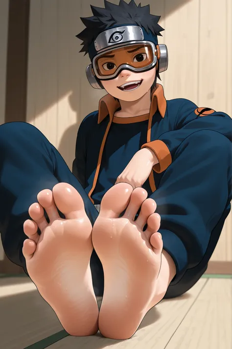 1 boy, shota, obito genin, black hair, short hair, goggles, forehead protector, konohagakure symbol, jacket, open jacket, pants, feet, barefoot, foot fetish, foot focus solo, alone, 5 fingers, happy, feet close to the viewer, field 