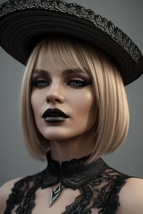 tunning blonde woman with straight, silky hair, showcasing a bold gothic-glam 