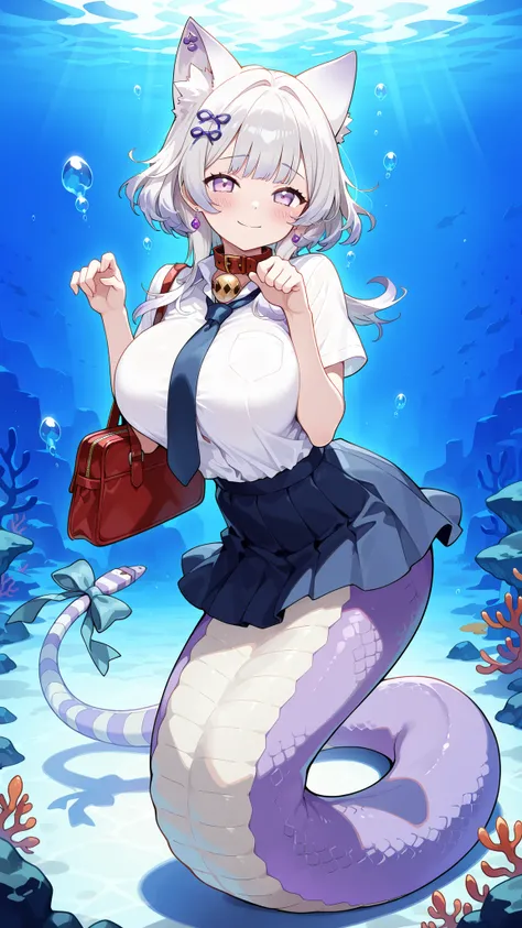 1 female, big boobs,malice pawn cheshire cat, blush,White hair,school uniforms,日式school uniforms,red collar,Paw pose,(Underwater:1.2),seabed,full body photo of the grade, earrings,masterpiece,Up to,HD,is very beautiful,cute,absurd,(All five fingers ),Beau...