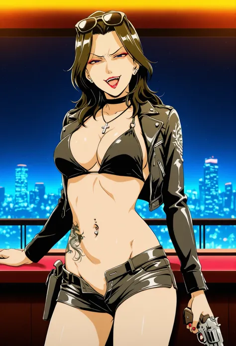 mrsyaj1ma, masterpiece, best quality, amazing quality, very aesthetic, absurdres, newest, very awa, beautiful eyes, 
, makeup, lipstick,   nail polish, ear piercing, long hair, , lipstick, Hot girl, baddie,, sensual, attractive ,choker , cross necklace,  b...