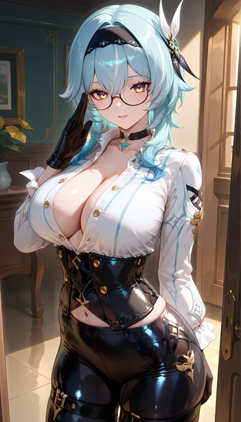 ((dark filter)), BREAK EulasDxL,a Woman, Alone, pose sexy, watching the viewer, Seductive expression, eyeglasses, hair ornament, thighhighs, Gloves, long sleeves white, blue hair, yellow eyes, headband, medium hair, big breasts , thigh harness, black he...
