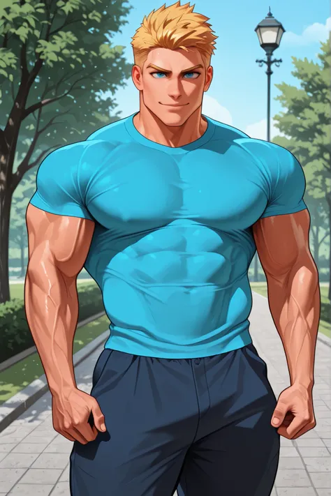 Athletic man, fit man, very short hair, blond hair, blue eyes, casual clothes, blue shirt, short sleeves, pants, detailed facial features, intense gaze, confident smile, muscular physique,1 man, park