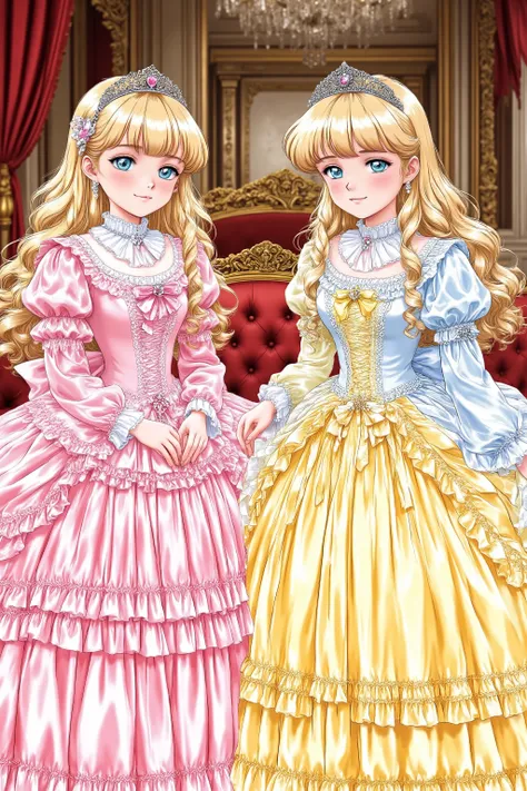 masterpiece, very beautiful, (Anime Coloring, anime), OFFICIAL ART, Illustration, 1990's Anime Style,
1girl, masterpiece, Highest Quality, absurd, OFFICIAL ART, Official Style, Cute Princess, she's smiling,((colorful silk satin victorian style big ball gow...