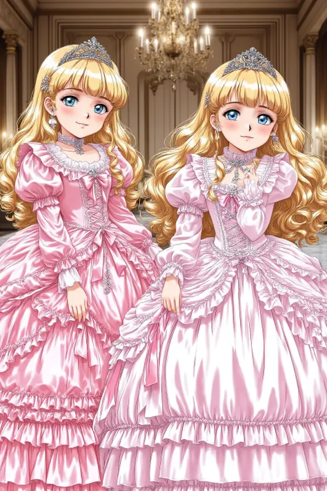 masterpiece, very beautiful, (Anime Coloring, anime), OFFICIAL ART, Illustration, 1990's Anime Style,
1girl, masterpiece, Highest Quality, absurd, OFFICIAL ART, Official Style, Cute Princess, she's smiling,((colorful silk satin victorian style big ball gow...