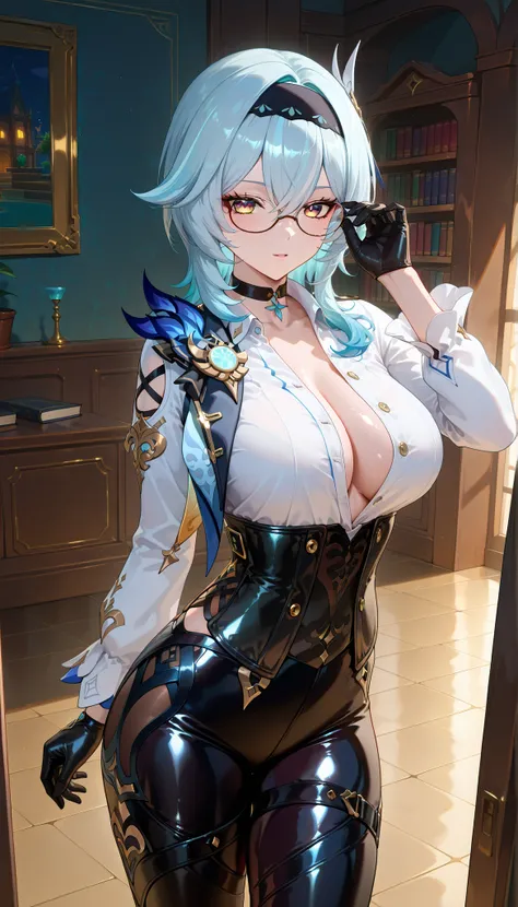 ((dark filter)), BREAK EulasDxL,a woman, Alone, pose sexy, watching the viewer, Seductive expression, eyeglasses, hair ornament, high socks, Gloves, long sleeves white, cabello azul, yellow eyes, headband, medium hair, big breasts , blue ribbon on the ...