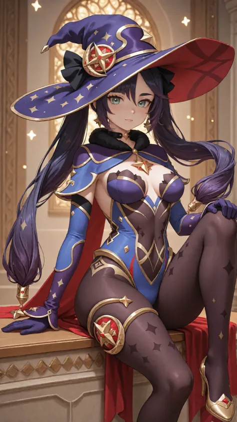 Mona from Genshin Impact, A full-body portrait of a beautiful female character in a detailed fantasy outfit. She wears a large pointed sorceress hat in deep blue with golden star patterns, a black bow, and a red star-shaped emblem. Her long purple hair flo...