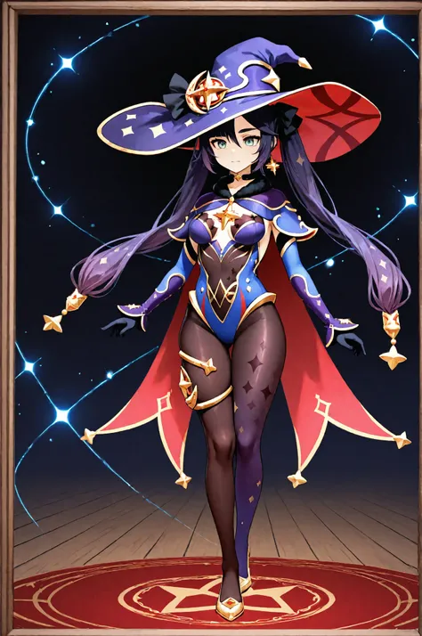 Centered image without cropping, Mona from Genshin Impact, A full-body portrait of a beautiful female character in a detailed fantasy outfit. She wears a large pointed sorceress hat in deep blue with golden star patterns, a black bow, and a red star-shaped...