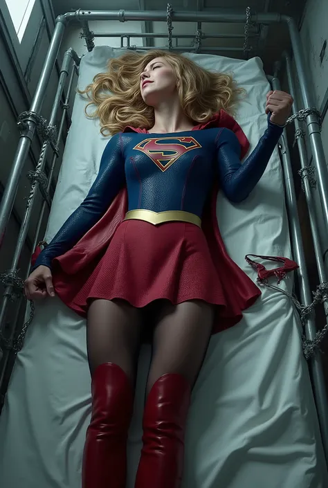 Supergirl is loss of conscious on the bed in the laboratory, she has a very bright white skin, can see whole body, She is wearing a thin black pantyhose, very short red skirt, torn clothes, red knee height long boots, blonde hair, handcuffed to the bed, re...