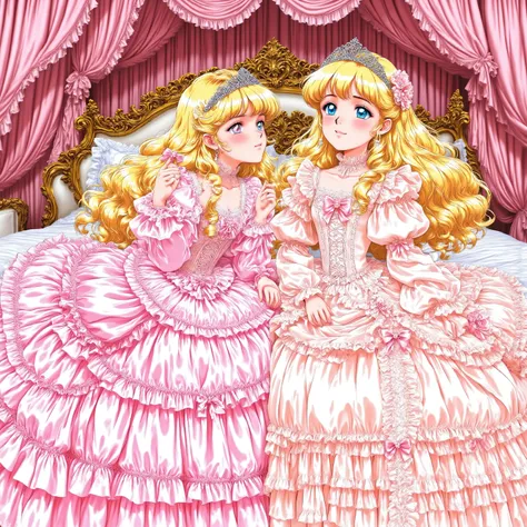 masterpiece, very beautiful, (Anime Coloring, anime screenshot), OFFICIAL ART, Illustration, 1990's Anime Style,
1girl, masterpiece, Highest Quality, absurd, OFFICIAL ART, Official Style, Cute Princess, she's smiling,((colorful silk satin Victorian style b...