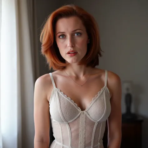A professional photo of voluptuous young Dana Scully. She is looking at the viewer. She has a delicate beautiful laced white lingerie and elegant semi-sheer lace corset on. She is standing in a well-lit room next to window. Dana Scully, aquiline nose, beau...