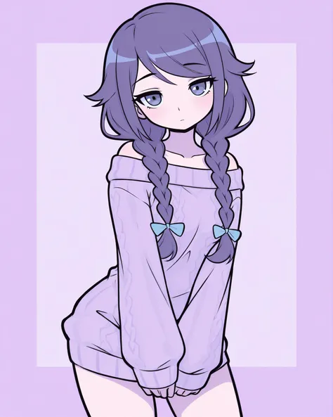 CartoonyIllustrious,shojo anime girl, braided hair with blue ribbon, dreamy look, oversized sweater, lavender solid background, high detail, shojo style, soft colors, clean composition, 8k quality