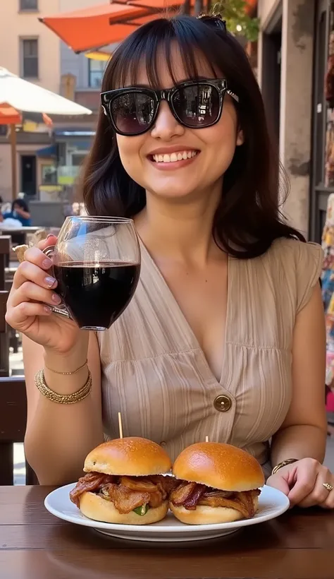 a stunning woman + (((seductive smile))) + (((hourglass figure, Big breasts))) + (((keep the exact face and hair details of the selected LoRA))).she is seated at an outdoor café in Cusco, Peru, wearing oversized reflective sunglasses and a stylish beige pi...