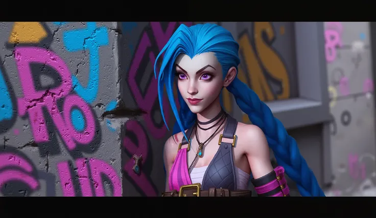 jinx: League of Legends game character leaning against a wall filled with bold and vibrant graffiti, blue hair, braided pigtails. She's looking down, but with her eyes up fixed on the viewer