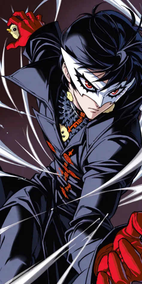 Background:Moonlit Night,dsjoker,short hair,Red gloves,white mask,black coat,,solo,1man,light up,Action,Dynamic,Dramatic,Anime Chick,SAFE CONTENT(masterpiece, 最High Quality, High Quality, 詳細なBackground, complicated details,complicated,ultra high res, so be...