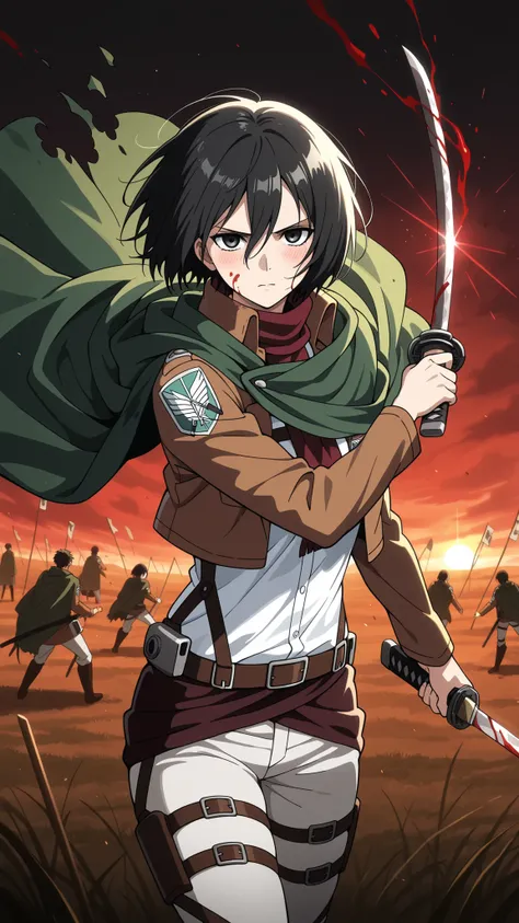BREAK (masterpiece:1.2),Field stained red by battle,
sun rising casting crimson light,
banners torn and fluttering weakly,
still smoke in the distance,
anime dark atmosphere, poetic and emotional, mikasa ackerman, black hair, black eyes, short hair...