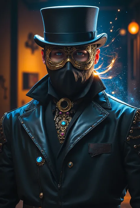 Portrait of a mysterious thief in dark Victorian steampunk attire, half-face black mask, brass-buckled leather coat with glowing blue gemstones, concealing an ornate gentleman's mask behind his back, the mask radiating ethereal golden light, magical wisps ...