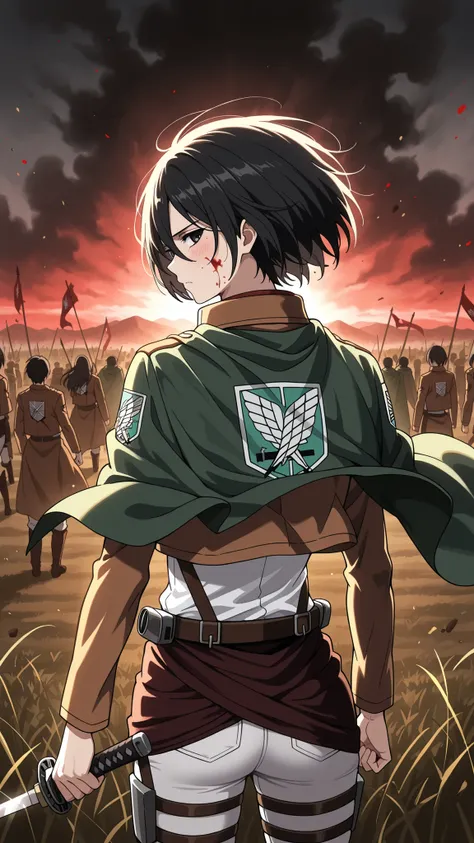 BREAK (masterpiece:1.2),Field stained red by battle,
sun rising casting crimson light,
banners torn and fluttering weakly,
still smoke in the distance,
anime dark atmosphere, poetic and emotional, mikasa ackerman, black hair, black eyes, short hair...