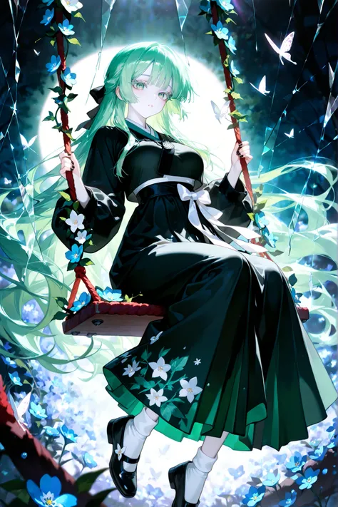 super detail, masterpiece, best quality, high resolution, 8k, ultra high anatomy, facial, only 1 girl, very long mint-green hair, mint-green eyes, white diamond shaped pupil, Pale skin with matching pale black eyelashes, medium breasts, black Hanbok Jeogor...