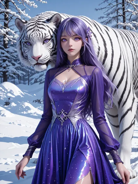 (masterpiece:1.2),best quality,(highres:1.2),(incredibly absurdres:1.4),(extremely detailed face:1.4),(detailed eyelash),highly detailed eyes,sharp details, high contrast,(shiny skin:1.2), 1 girl, beautiful face, violet dress outfits fix body, 1 white tige...
