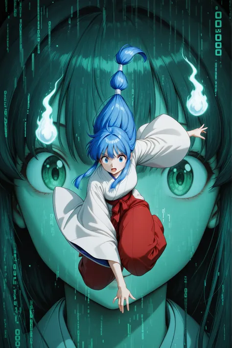 okinu-chan, blue hair, sidelocks, long hair, low-tied long hair, hitodama, japanese clothes, wide sleeves, red hakama, <lora:gs_okinu-chan_illustrious_ver2:0.8>smile, open mouth,  masterpiece, best quality, sensitive, 1girl, solo, facing the camera,detail ...