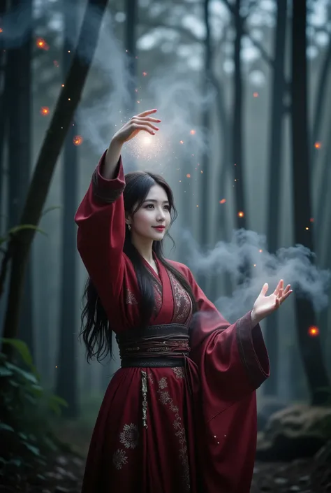 1,041 / 5,000
A highly detailed cinematic shot of an East Asian woman with long, wavy black hair, dressed in an elaborately embroidered red robe. She stands gracefully in the middle of a mysterious dark forest. A mist drifts gently through the air, creatin...