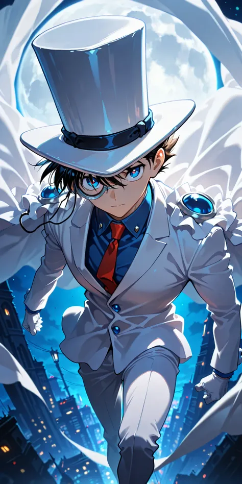 big month,night,kaitou_kid,1man,solo,Blue Shirt,white jacket,red tie,White Cloak,white gloves,monocle,top_hat,year zero,Dynamic,masterpiece,Highest Quality,great quality,very beautiful,Newest,