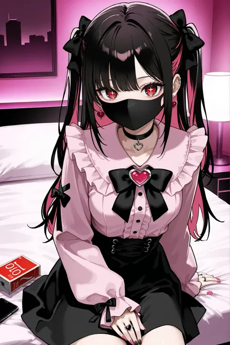 1girl,Watch Viewers, ((Faint Light:1.2)), , on bed, (hotel room, love hotel, pink wall, Pink Bed Sheets), (Condom Box, Okamoto condom 0.01), smartphone, BREAK 1girl, solo, (dark haired, pink hair, other rooms), long hair, On both sides, dark haired bow, re...